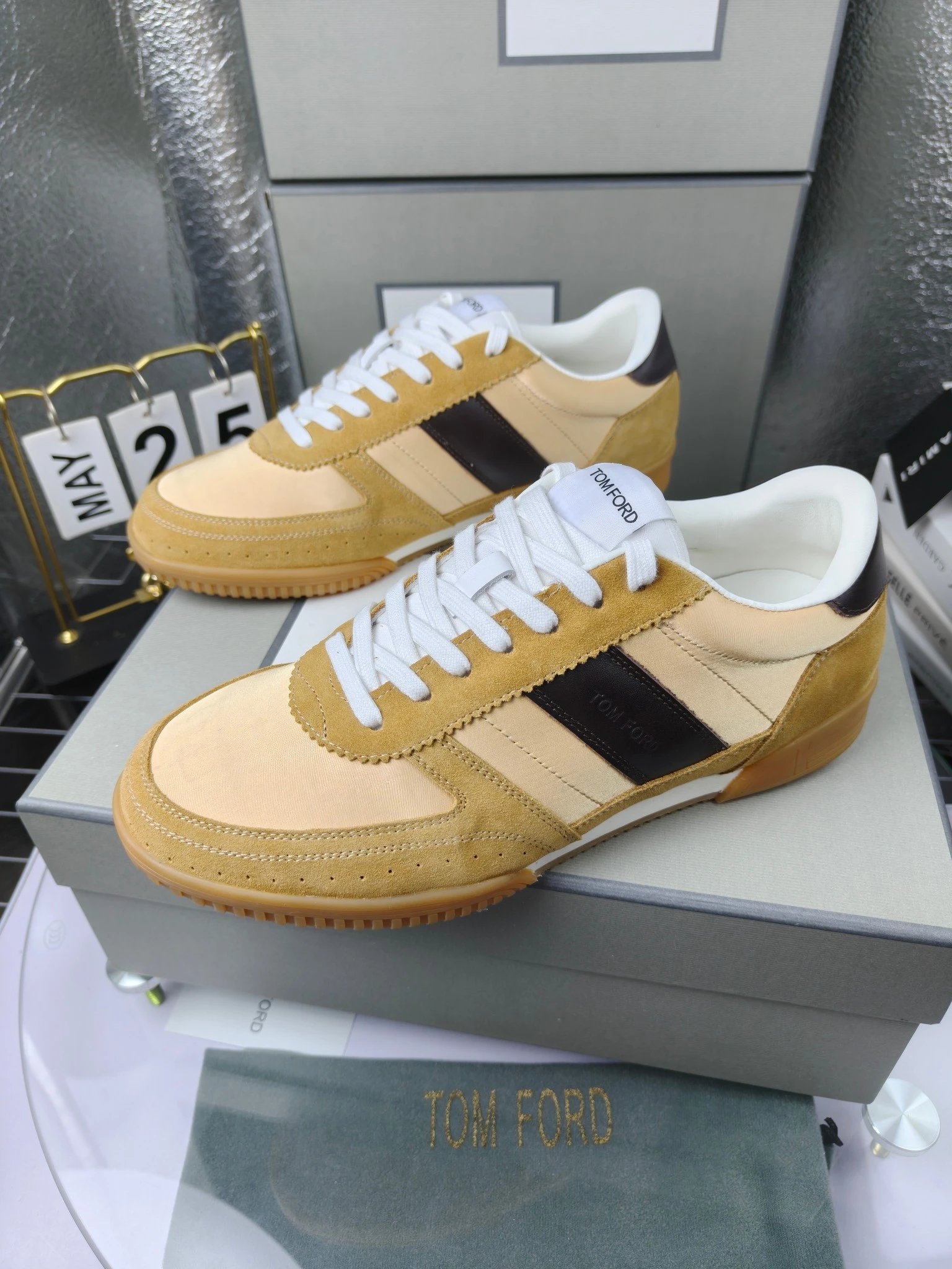 Retro Suede Leather Sneakers Amber Beige - Gallery Image 2 - Detailed View