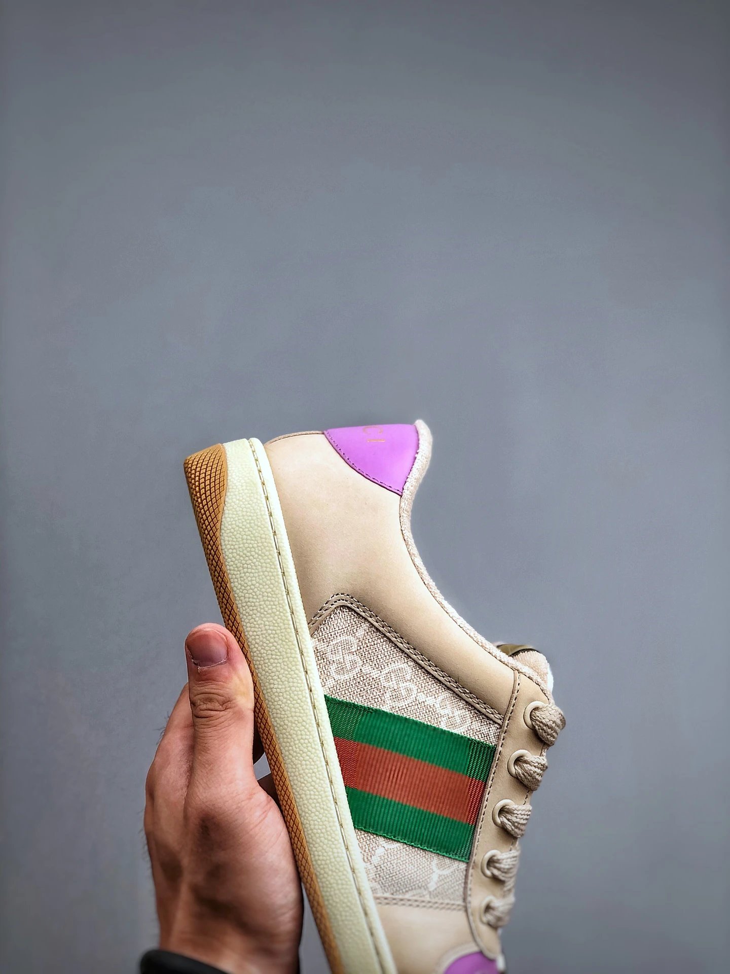 Gucci Distressed Screener Beige Pink Sneakers Green Red - Gallery Image 6 - Detailed View