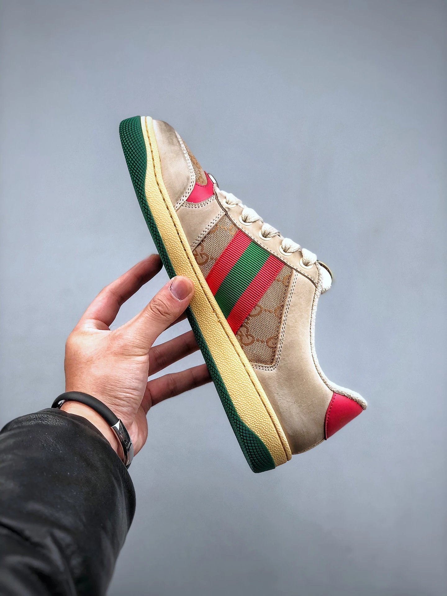 Gucci Distressed Screener Beige Pink Sneakers Red Green - Gallery Image 2 - Detailed View