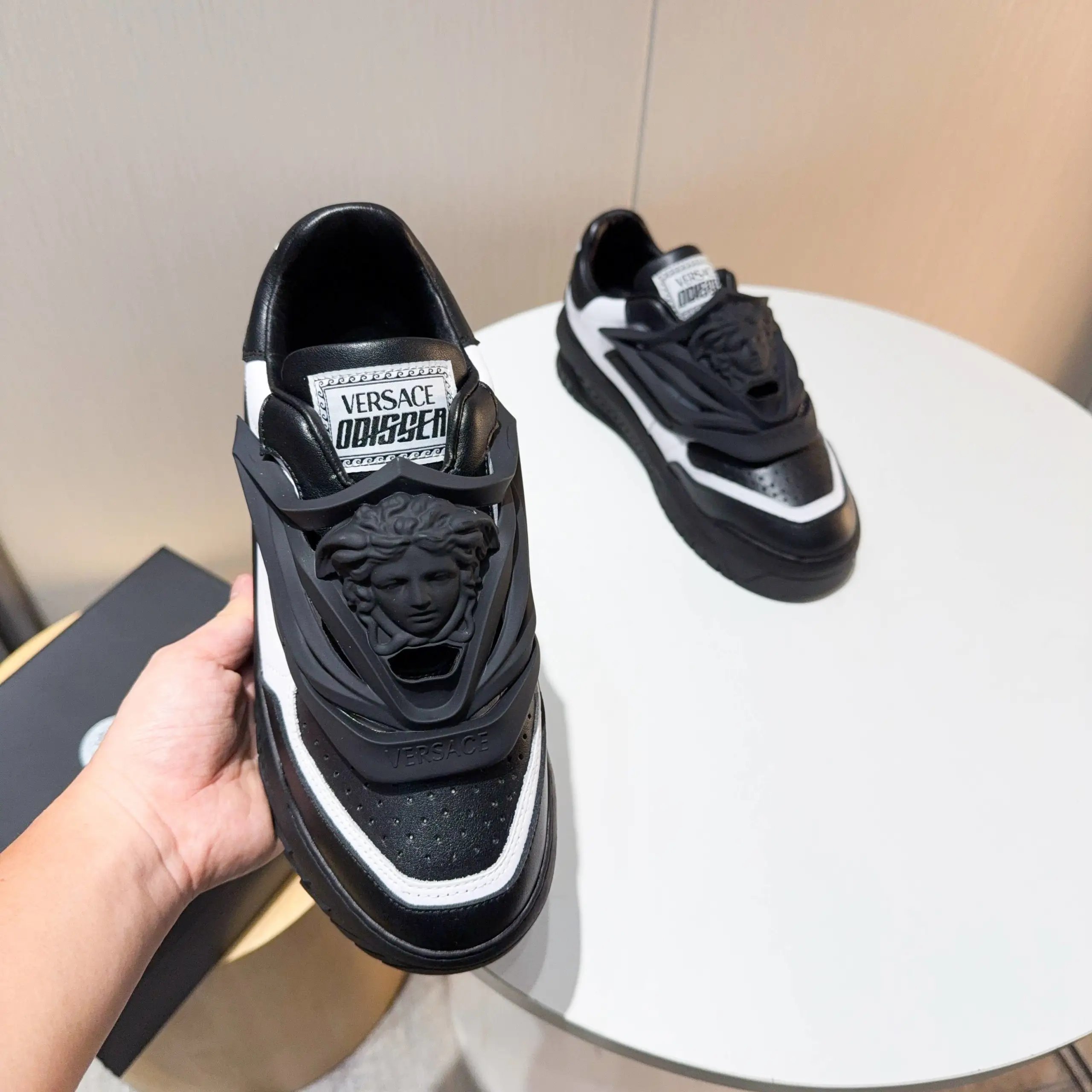 Luxury Leather Chunky Sneakers Ebony Ivory - Gallery Image 3 - Detailed View