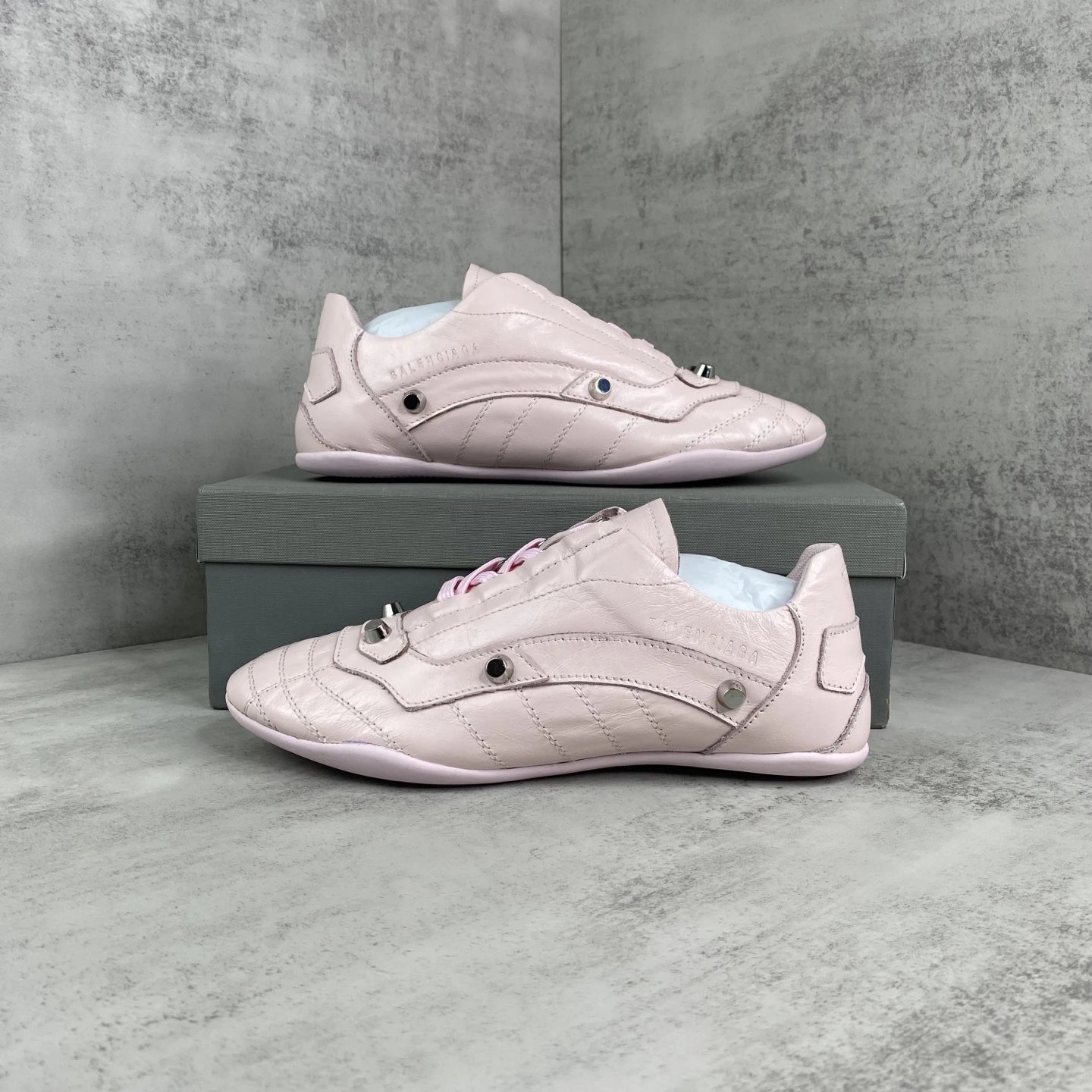 Punk Leather Lace Up Flat Shoes with Metal Studs Blush Pink - Gallery Image 9 - Detailed View