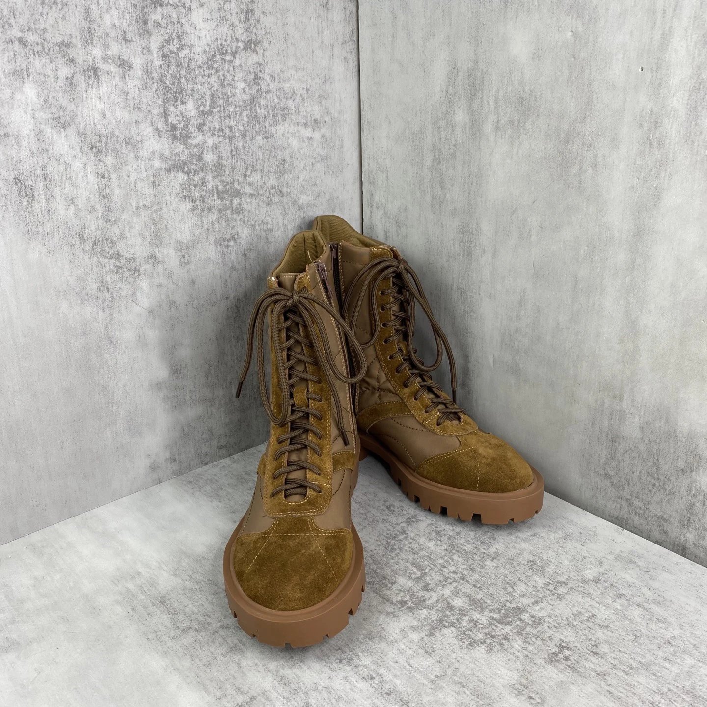 Vintage Calfskin Combat Boots with Arch Logo in Caramel - Gallery Image 2 - Detailed View