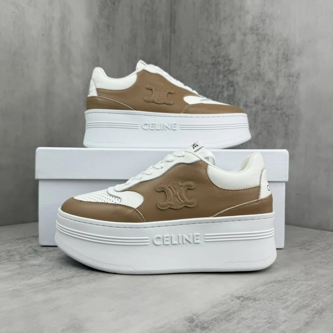 Platform Leather Sneakers High Top Breathable Tan White - Gallery Image 9 - Detailed View