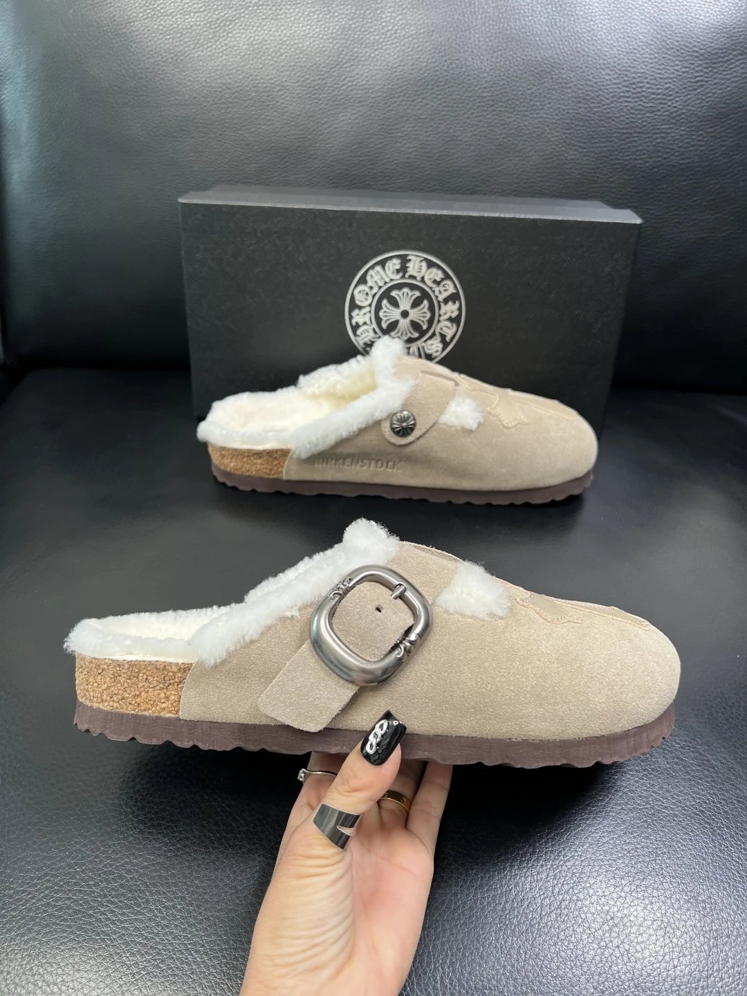 Suede Shearling Buckle Mules Beige - Gallery Image 4 - Detailed View