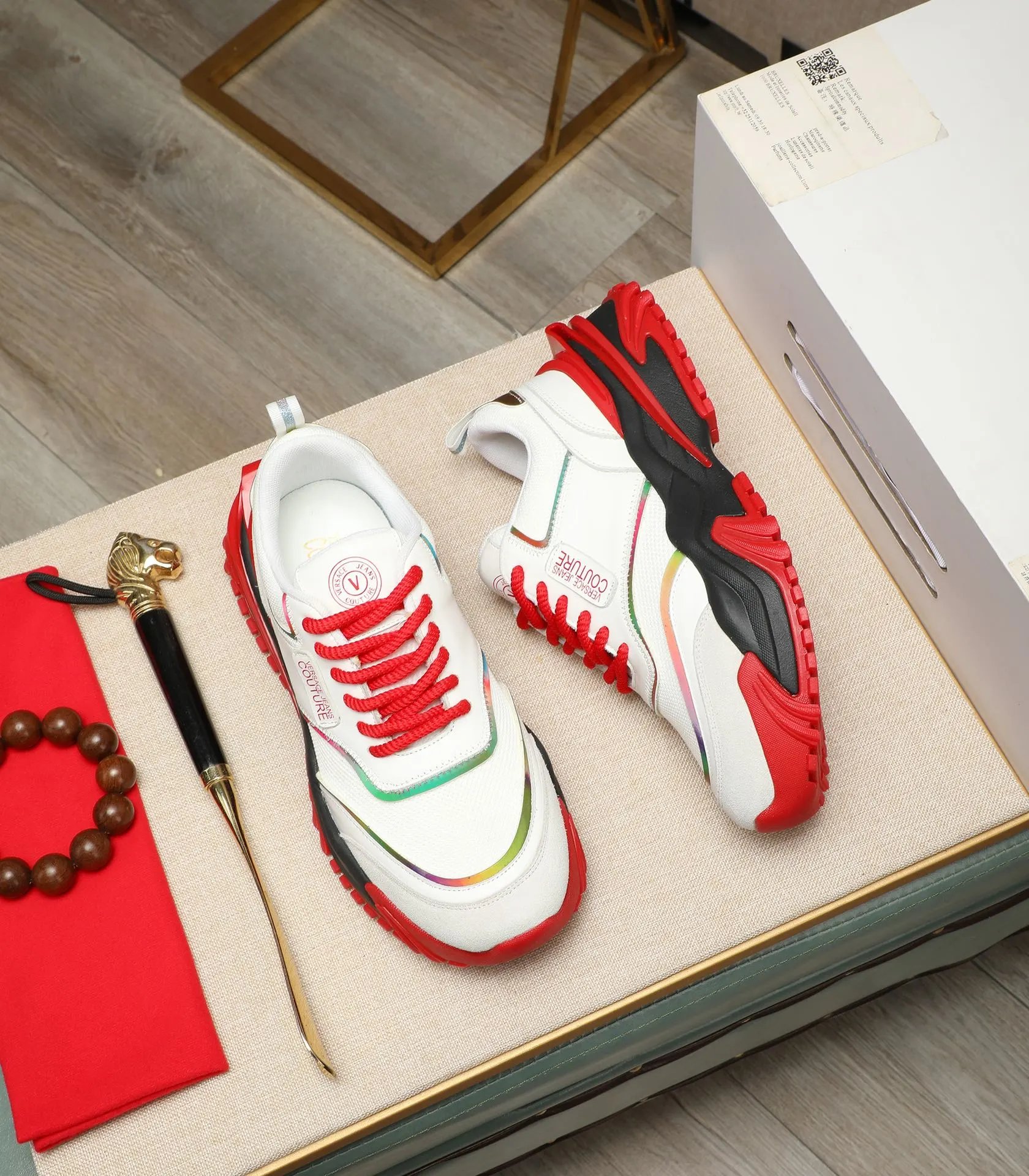 Luxury Calfskin Mesh Sneakers Crimson White - Gallery Image 2 - Detailed View
