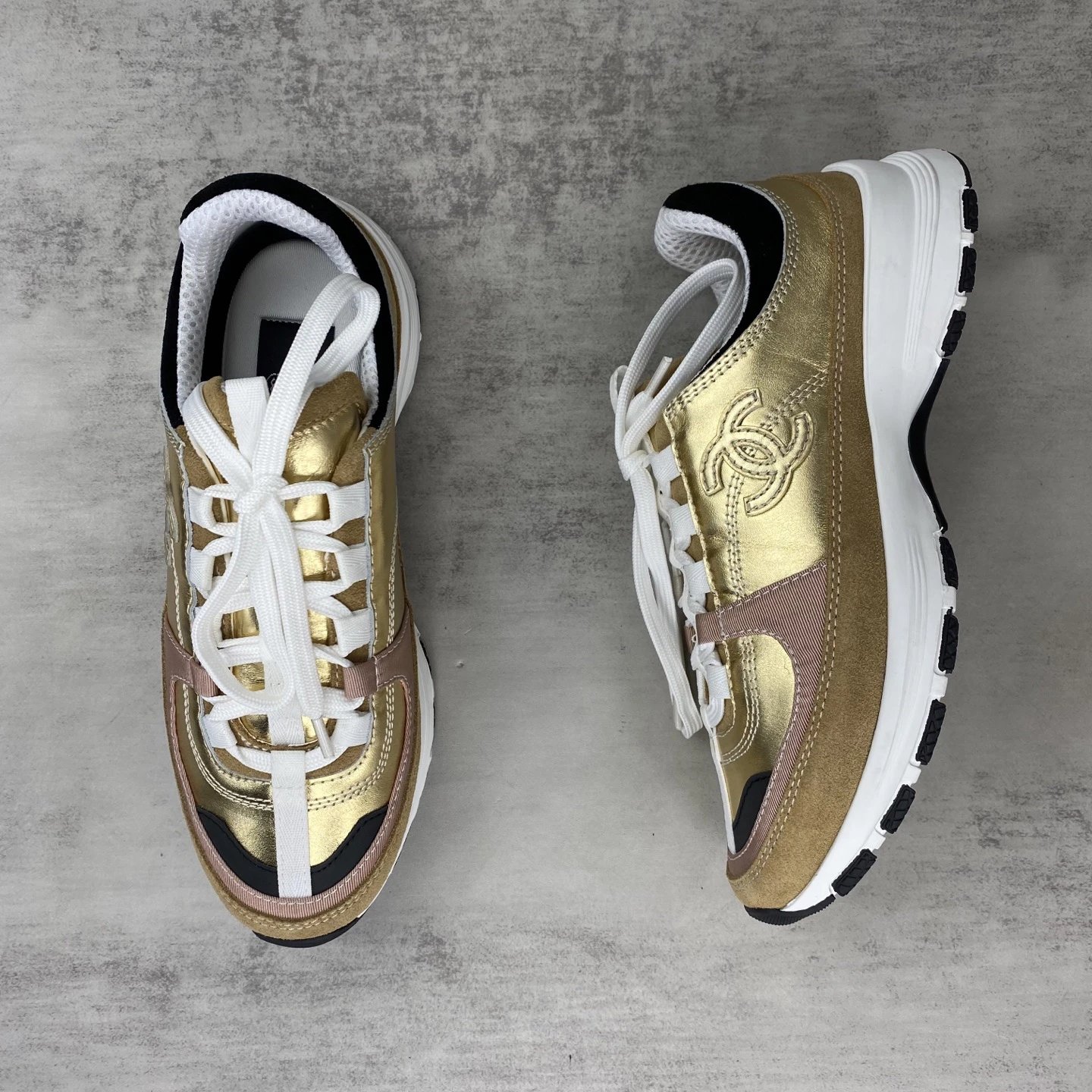 Retro Leather Mesh Sneakers Outdoor Style Gold Pink - Gallery Image 3 - Detailed View