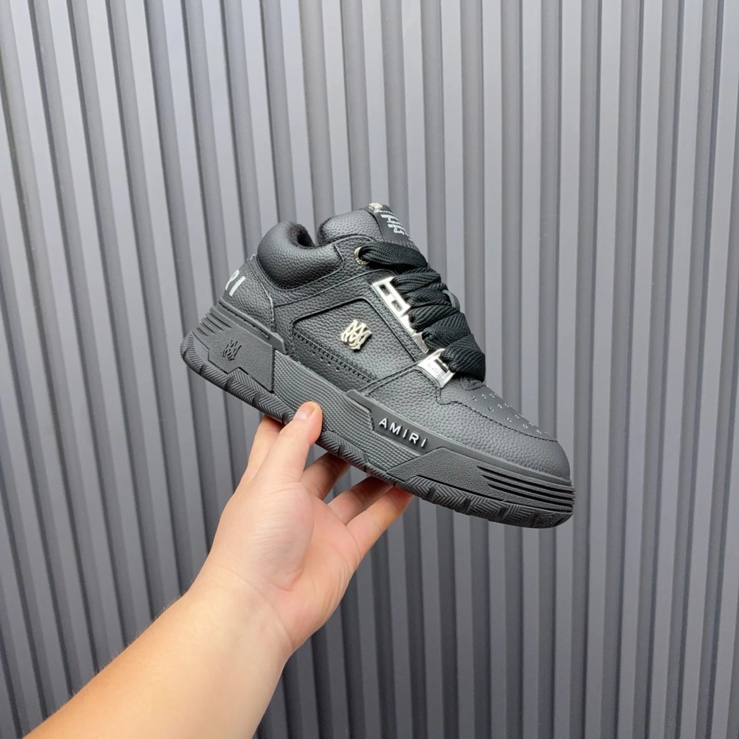 Luxury Low Top Leather Skate Sneakers Charcoal Black - Gallery Image 3 - Detailed View