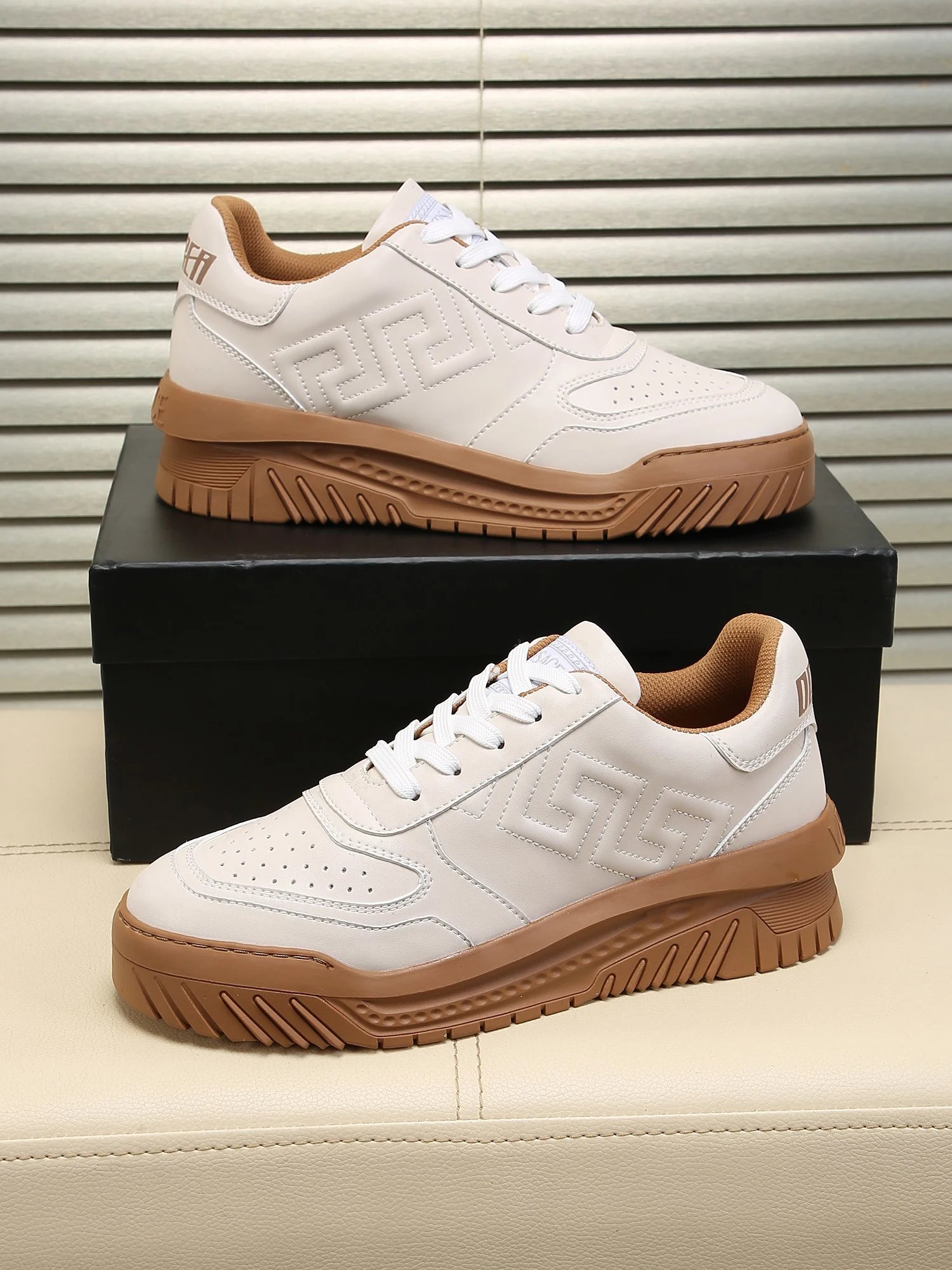 Grace Labyrinth Leather Sneakers Almond Brown - Gallery Image 2 - Detailed View