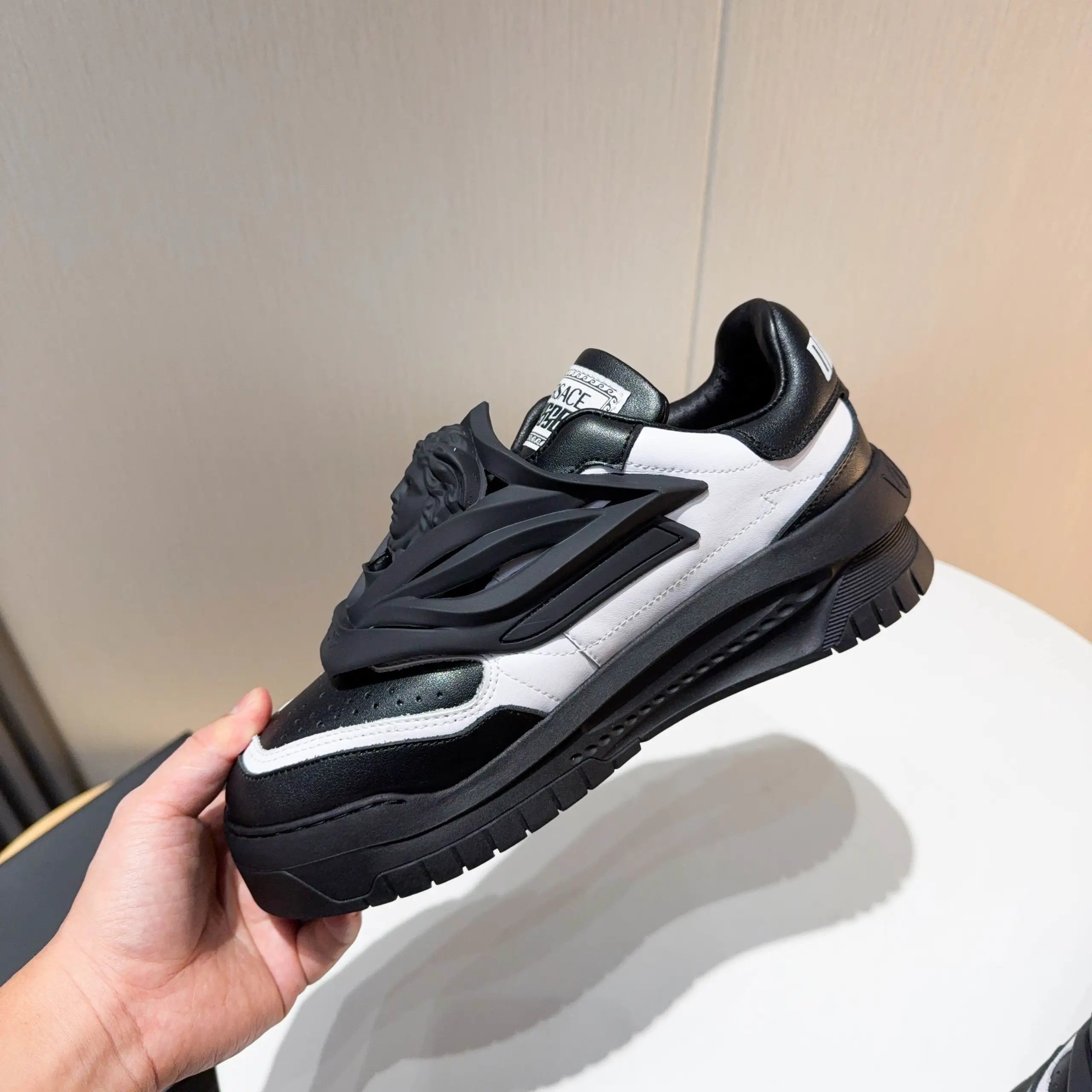 Luxury Leather Chunky Sneakers Ebony Ivory - Gallery Image 2 - Detailed View