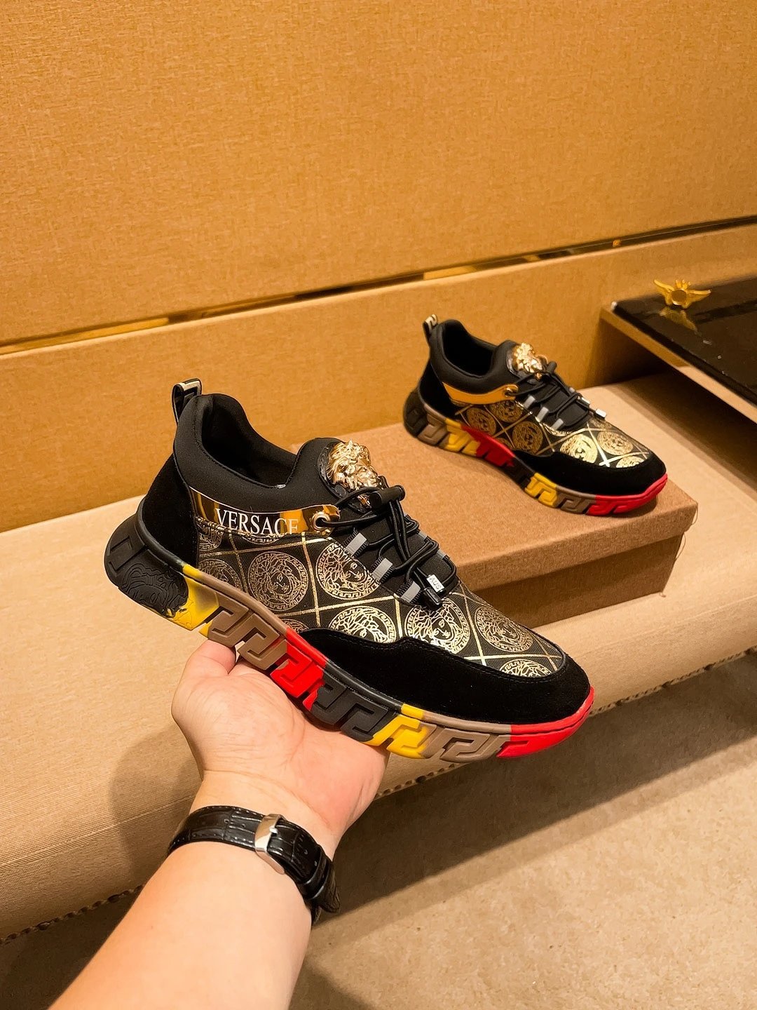 Baroque Leather Sneakers Black Gold Red - Gallery Image 3 - Detailed View