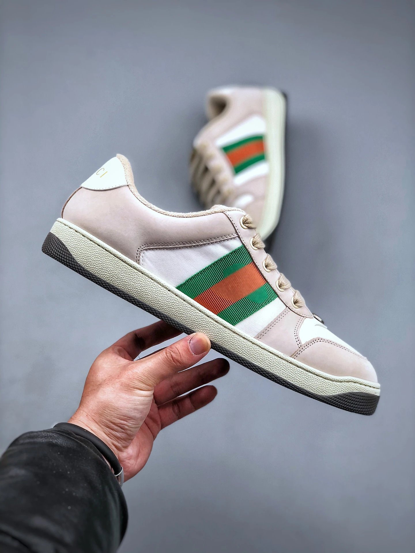 Gucci Distressed Screener Beige Sneakers Green Red - Gallery Image 4 - Detailed View