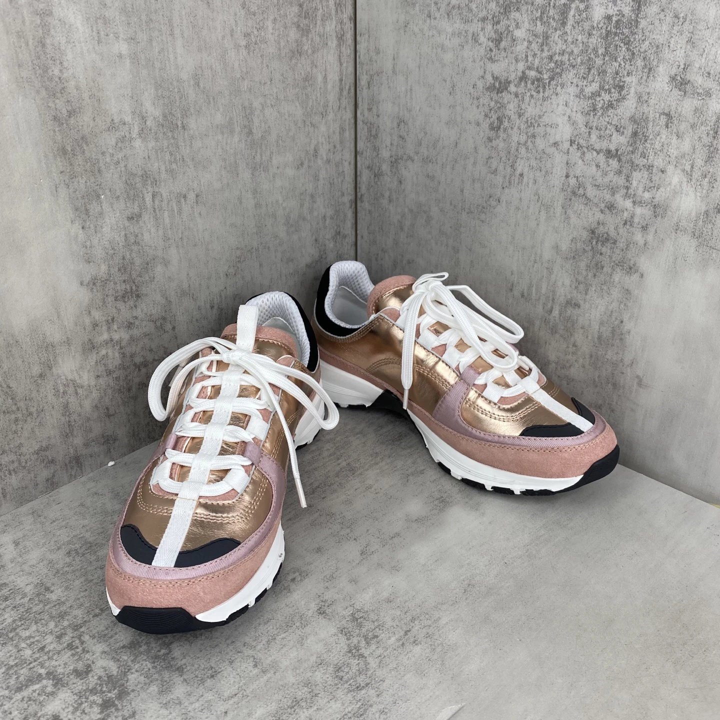 Luxury Leather Mesh Trainers with Metallic Rose Gold - Gallery Image 2 - Detailed View