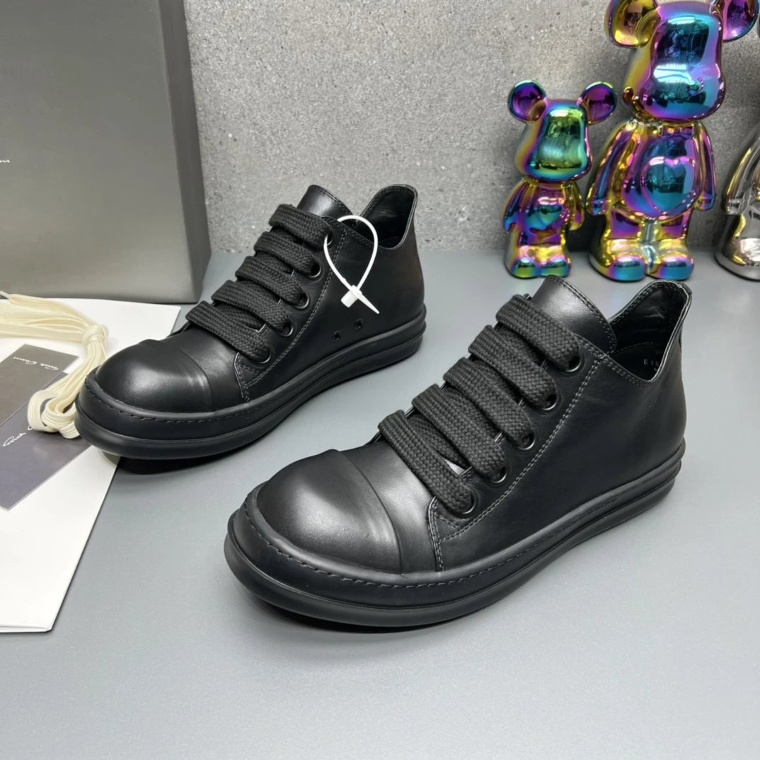 Rick Owens Leather Sneakers Black - Gallery Image 3 - Detailed View