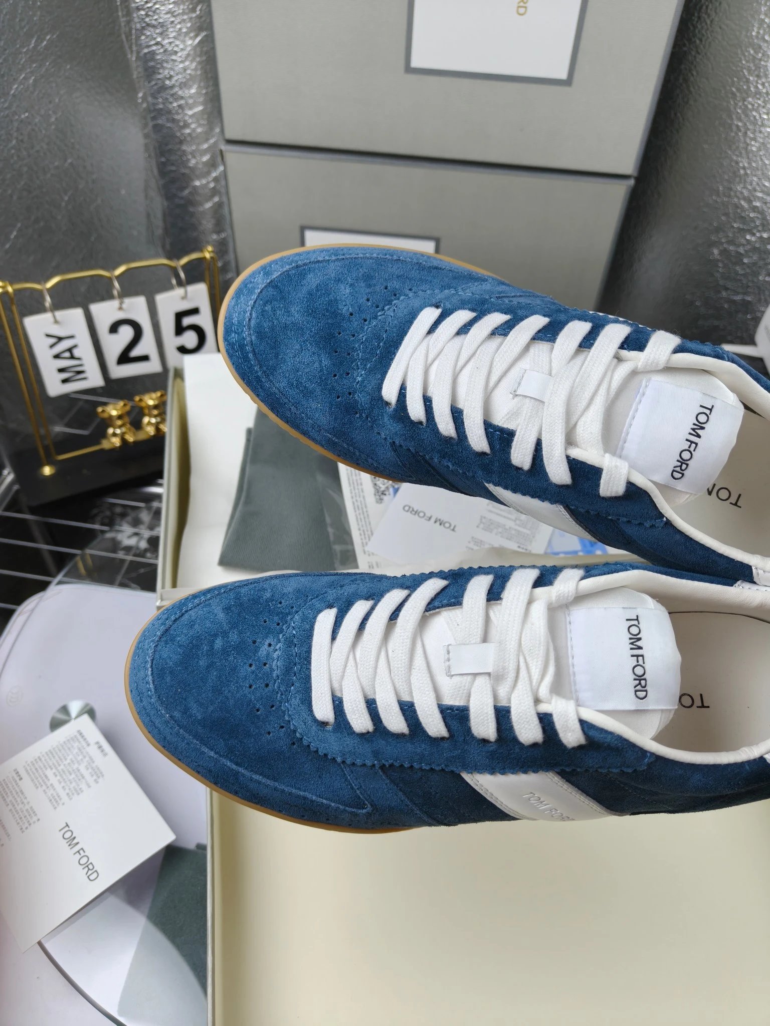 Suede Leather Sneakers Retro Gum Sole in Ocean Blue - Gallery Image 7 - Detailed View