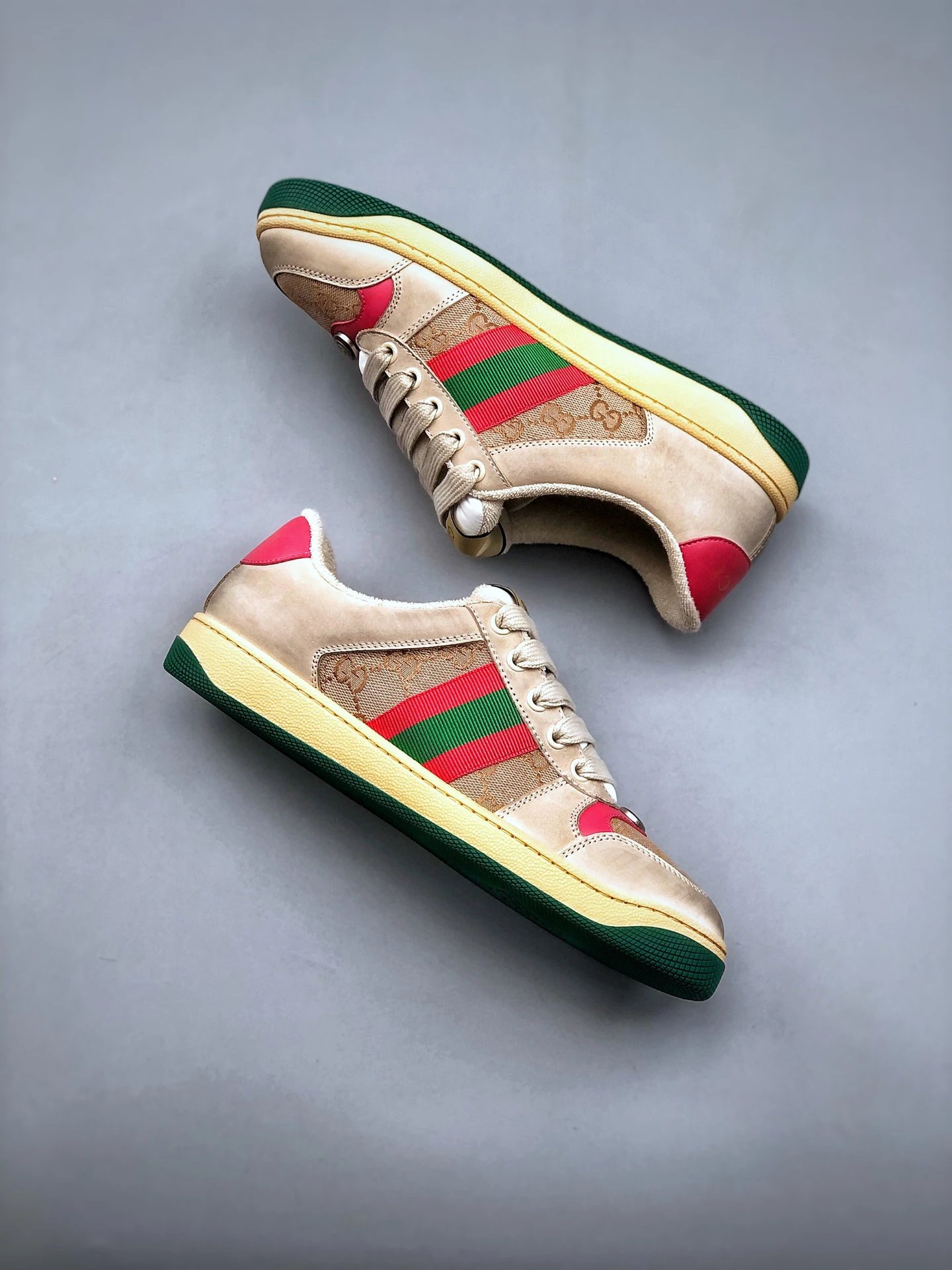Gucci Distressed Screener Beige Pink Sneakers Red Green - Gallery Image 9 - Detailed View