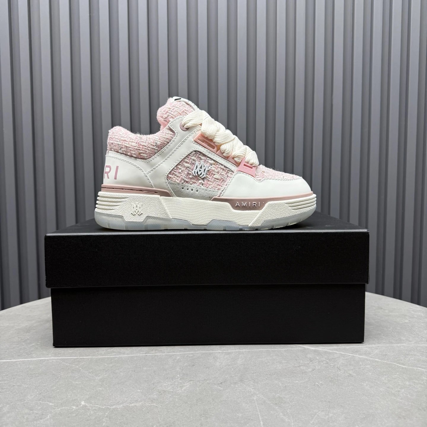 Low Top Tweed Leather Sneakers for Men Women Blush Pink - Gallery Image 1 - Detailed View