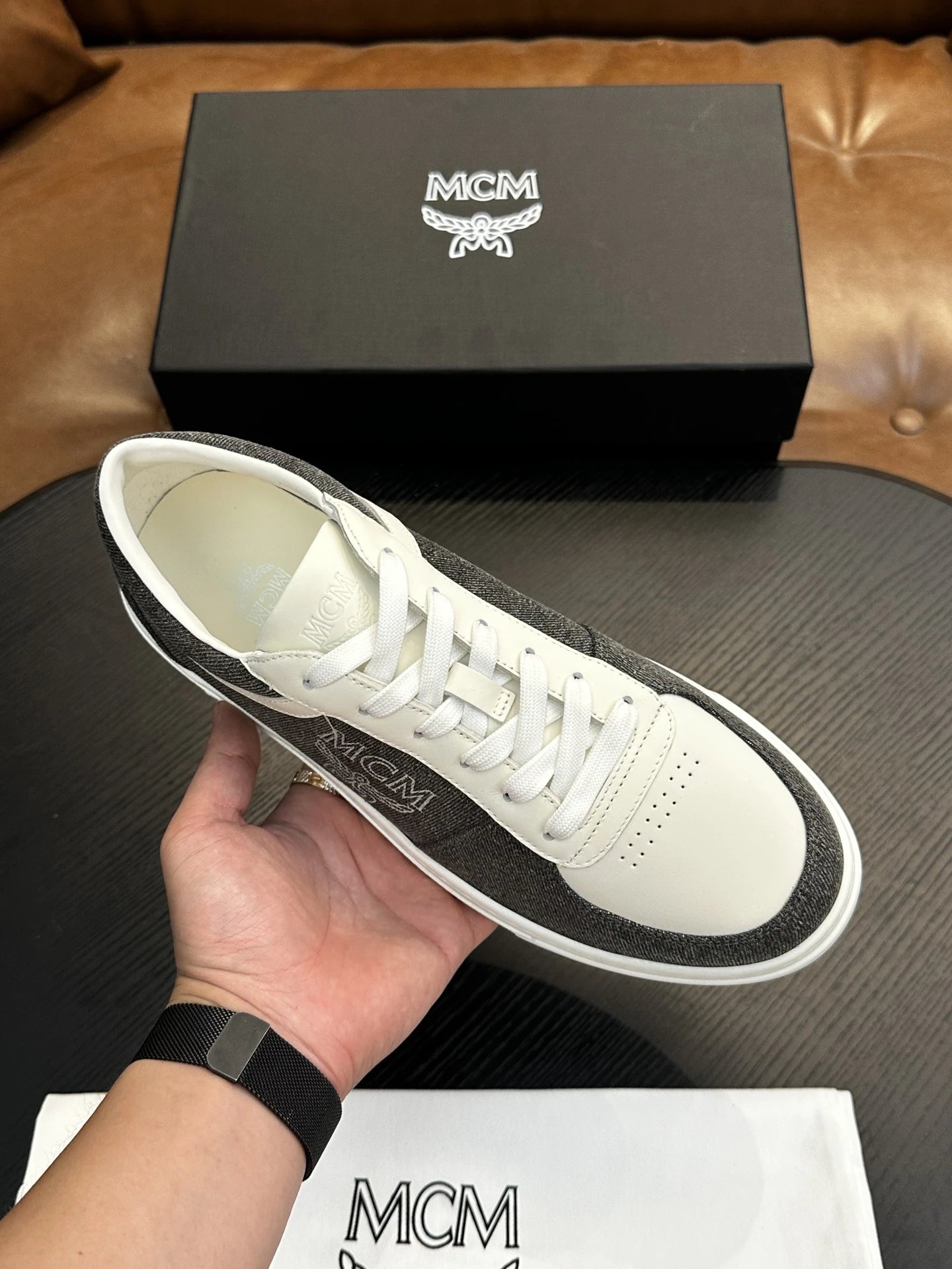 MCM Skystream Cubic Monogram Jacquard Sneaker White Grey - Gallery Image 2 - Detailed View