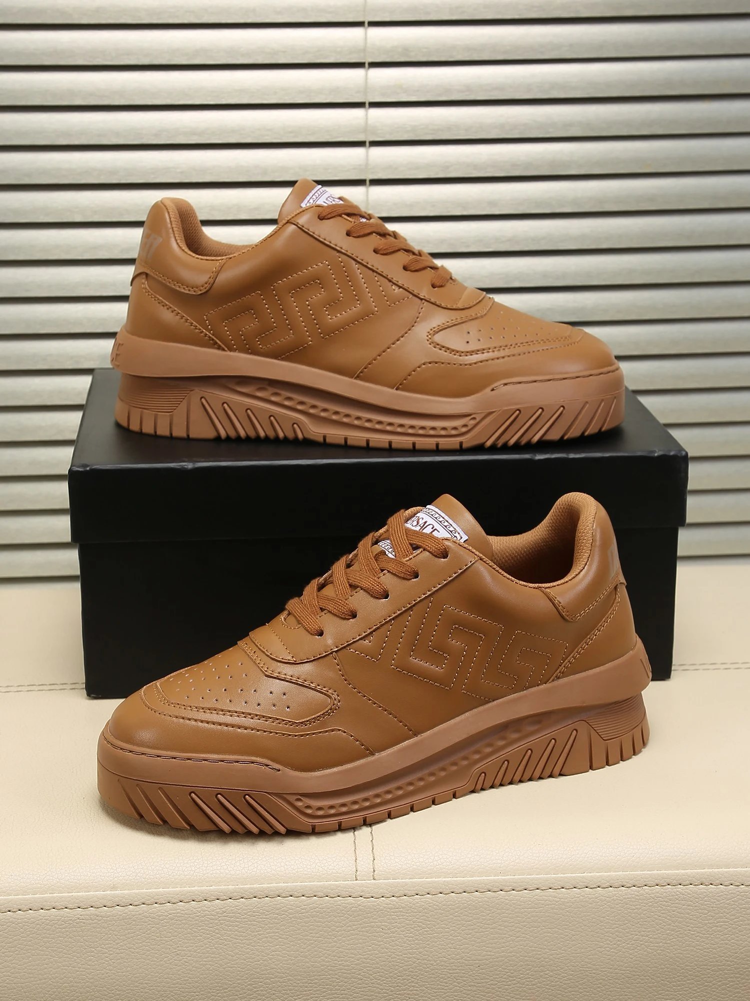 Luxury Leather Labyrinth Sneakers Caramel Brown - Gallery Image 2 - Detailed View