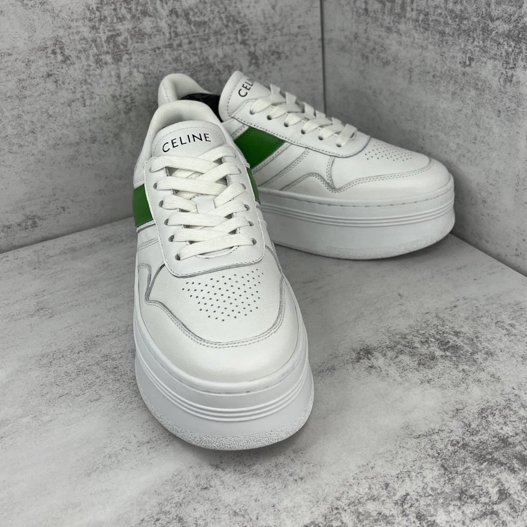Platform Leather Sneakers with Triomphe Detail in Emerald - Gallery Image 2 - Detailed View