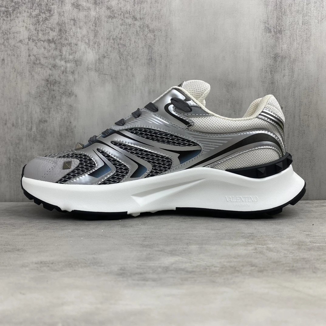 Chunky Leather Mesh Sneakers Metallic Silver - Gallery Image 7 - Detailed View