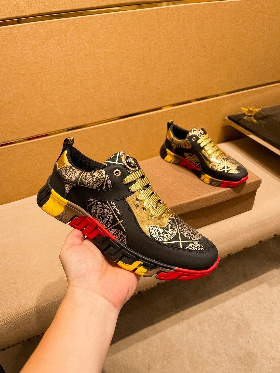 Luxury Leather Sneakers Baroque Gold Black - Gallery Image 3 - Detailed View