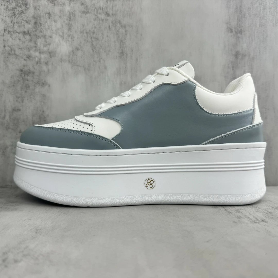Platform Leather Sneakers Low Top Breathable White Blue - Gallery Image 7 - Detailed View