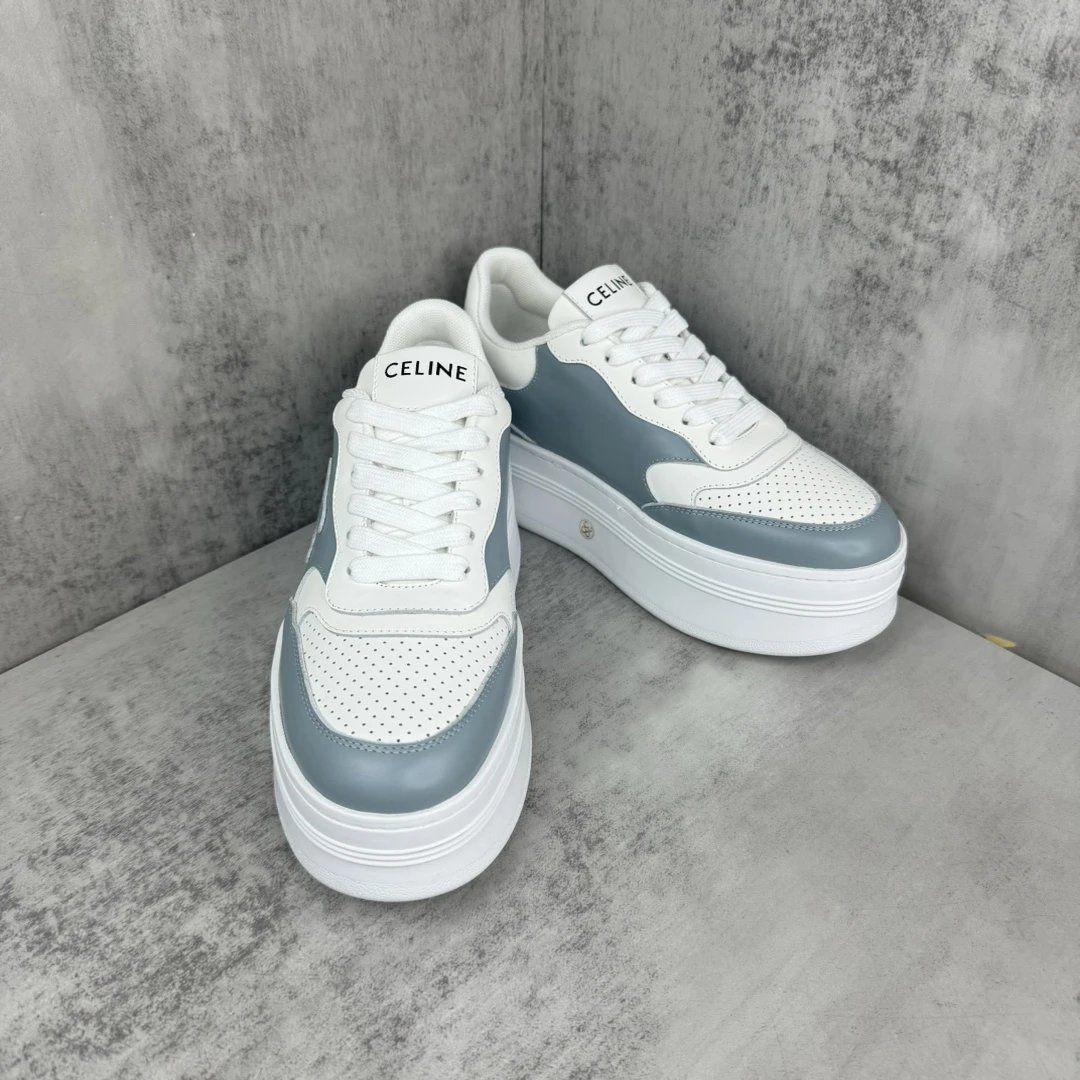 Platform Leather Sneakers Low Top Breathable White Blue - Gallery Image 2 - Detailed View