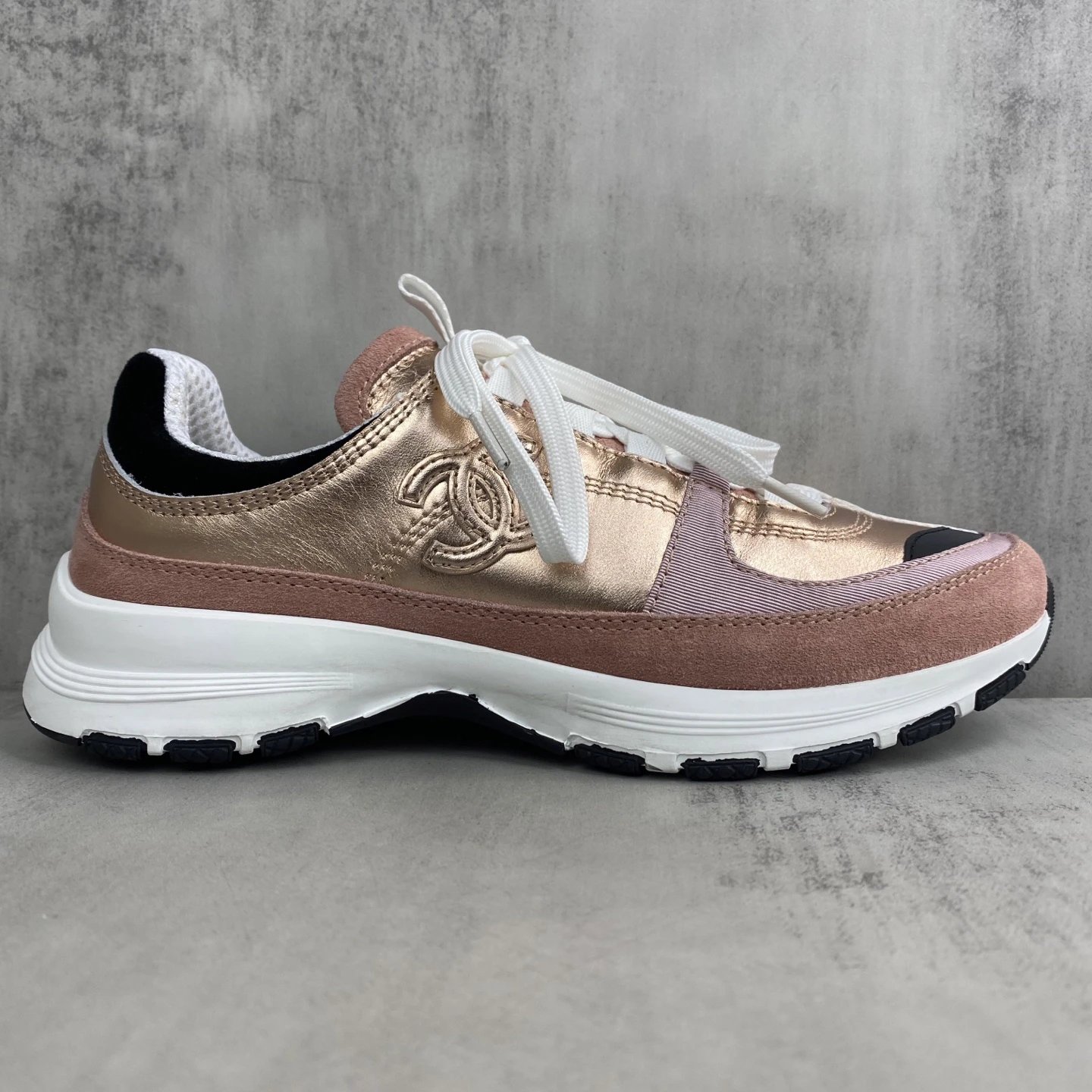 Luxury Leather Mesh Trainers with Metallic Rose Gold - Gallery Image 6 - Detailed View