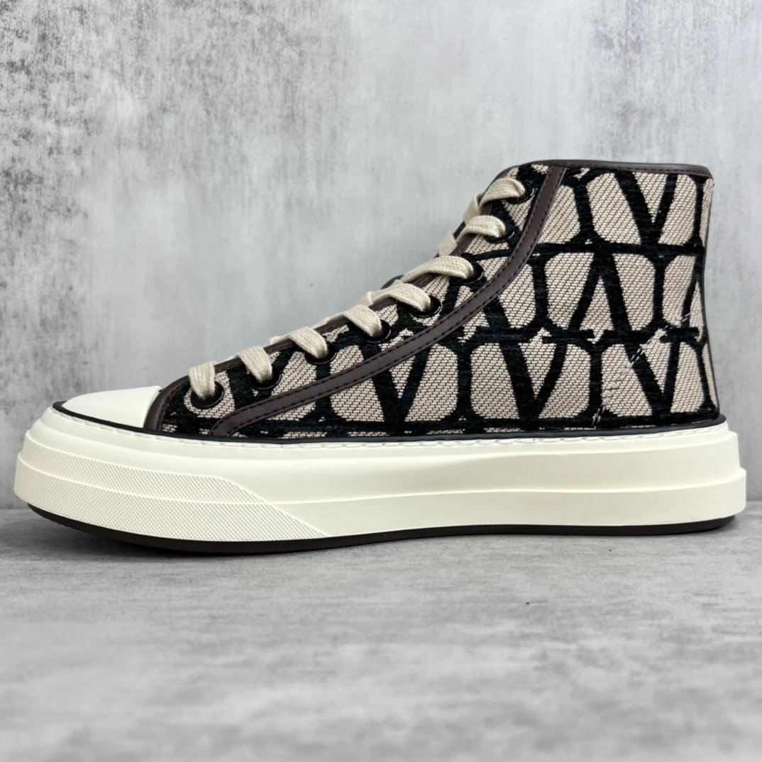 High Top Canvas Sneakers with Leather Trim Beige Black - Gallery Image 7 - Detailed View