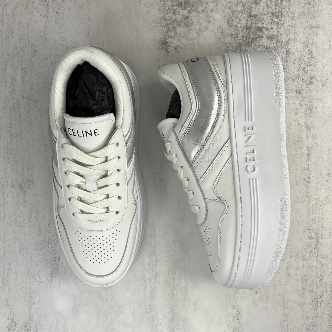 Platform Leather Sneakers Triomphe Detail Silver White - Gallery Image 3 - Detailed View