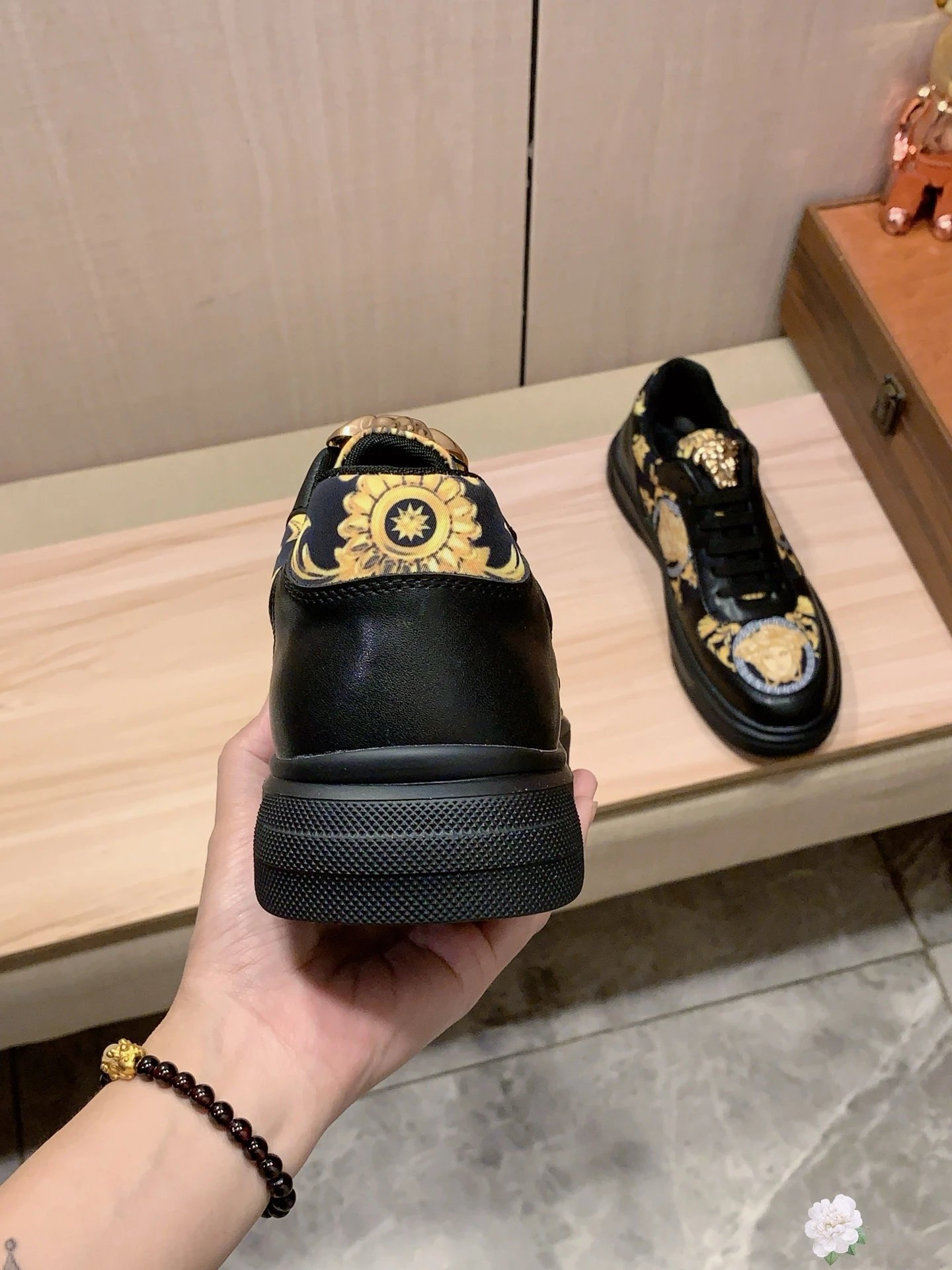 Baroque Leather Low Top Sneakers Black Gold - Gallery Image 6 - Detailed View