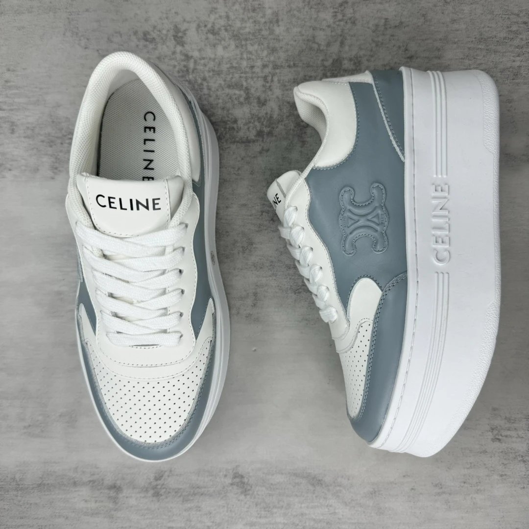 Platform Leather Sneakers Low Top Breathable White Blue - Gallery Image 3 - Detailed View