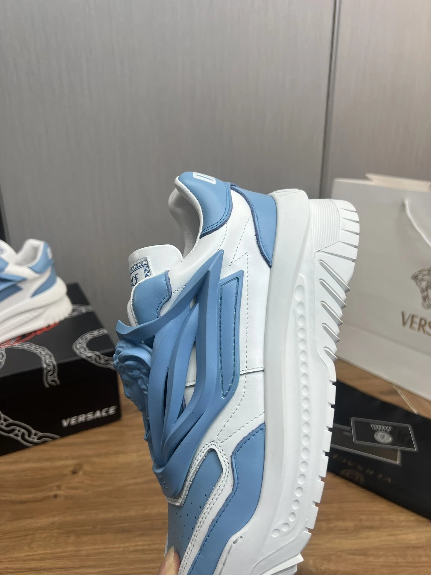 Luxury Leather Low Top Sneakers Mens Powder Blue - Gallery Image 9 - Detailed View