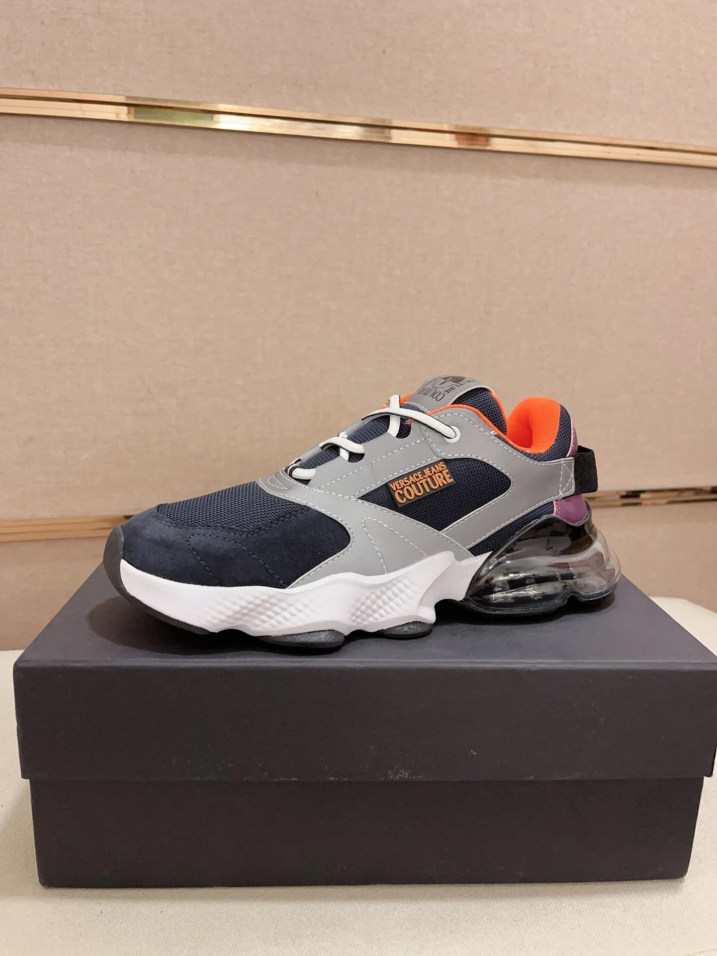 Luxury Mesh Leather Sneakers Navy Grey - Gallery Image 1 - Detailed View