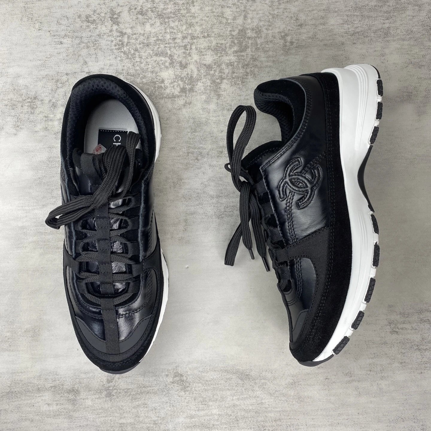 Luxury Leather Suede Mesh Sneakers Women Jet Black - Gallery Image 3 - Detailed View