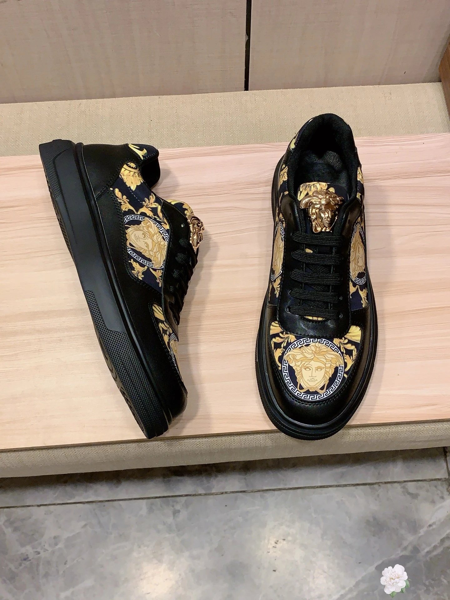 Baroque Leather Low Top Sneakers Black Gold - Gallery Image 3 - Detailed View