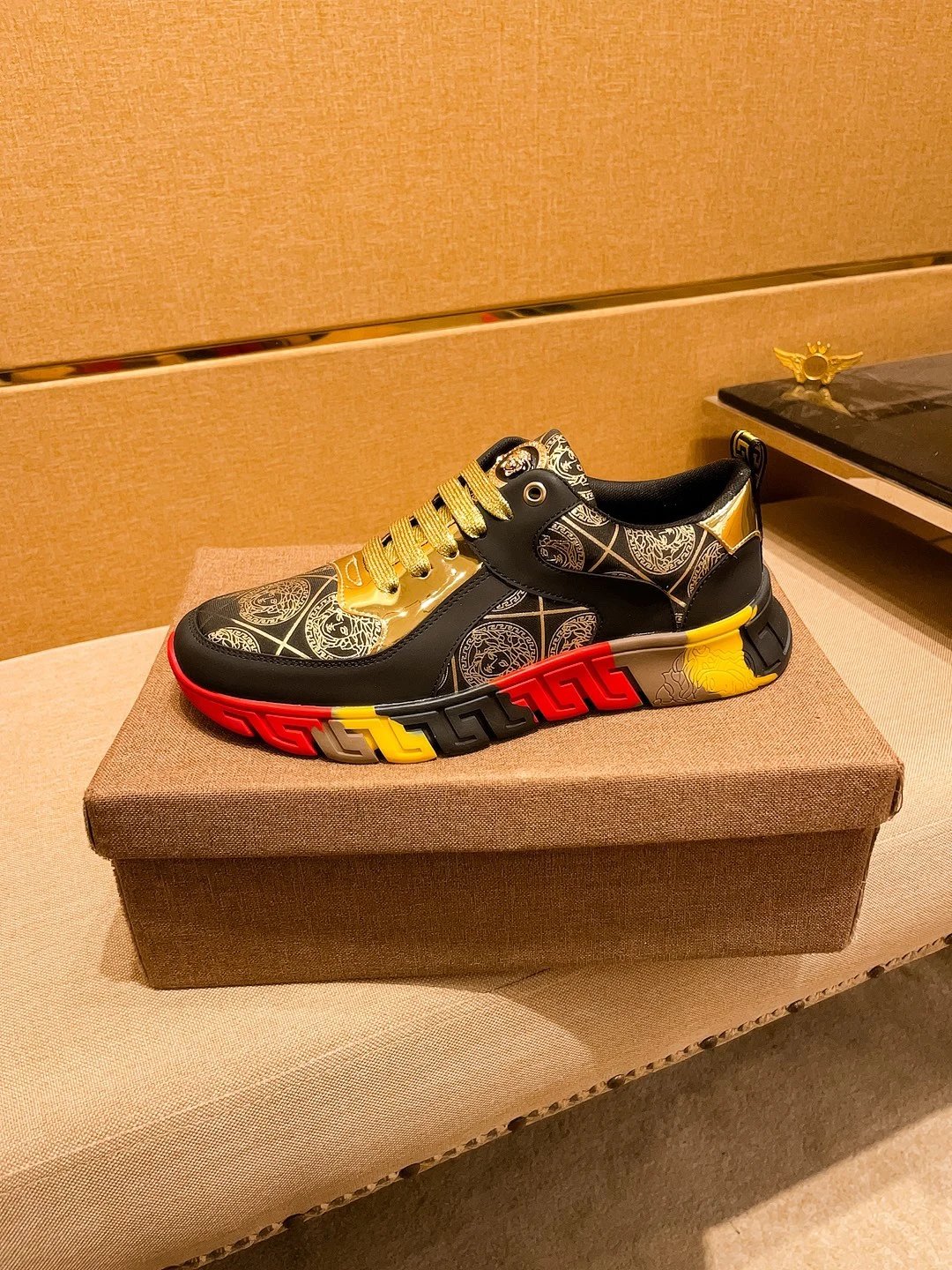 Luxury Leather Sneakers Baroque Gold Black - Gallery Image 6 - Detailed View