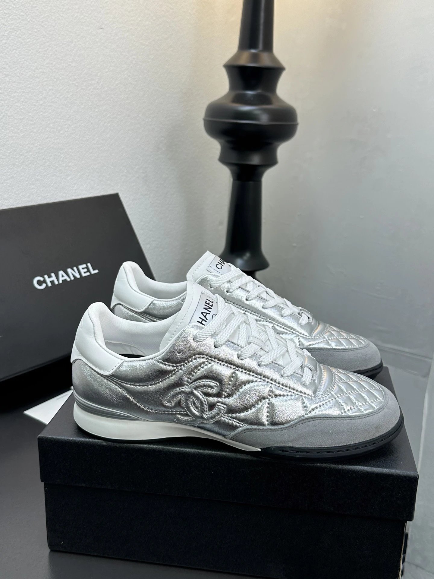 Chanel Quilted Sneakers Silver - High Quality Product Image - Cnfans