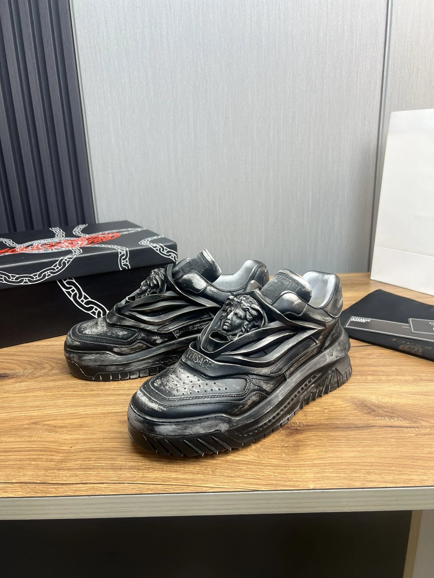 Luxury Leather Chunky Sneakers Charcoal Black - Gallery Image 3 - Detailed View