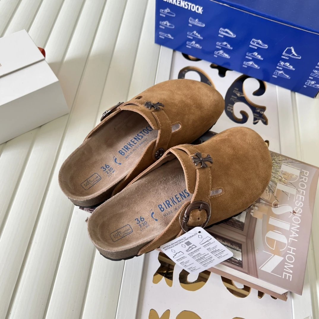 Suede Cross Buckle Closed Toe Clogs Camel Brown - Gallery Image 6 - Detailed View