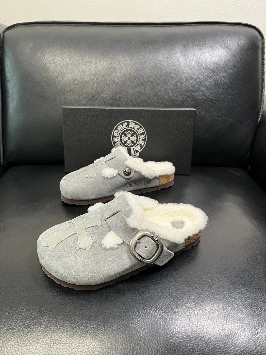 Luxury Shearling Leather Clog in Ash Grey - Gallery Image 2 - Detailed View