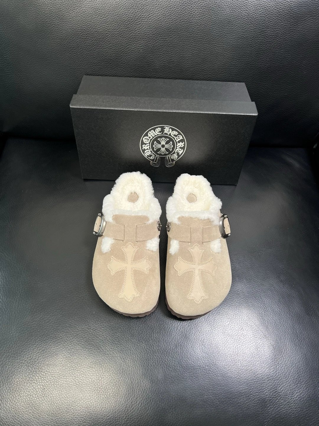 Suede Shearling Buckle Mules Beige - Gallery Image 3 - Detailed View