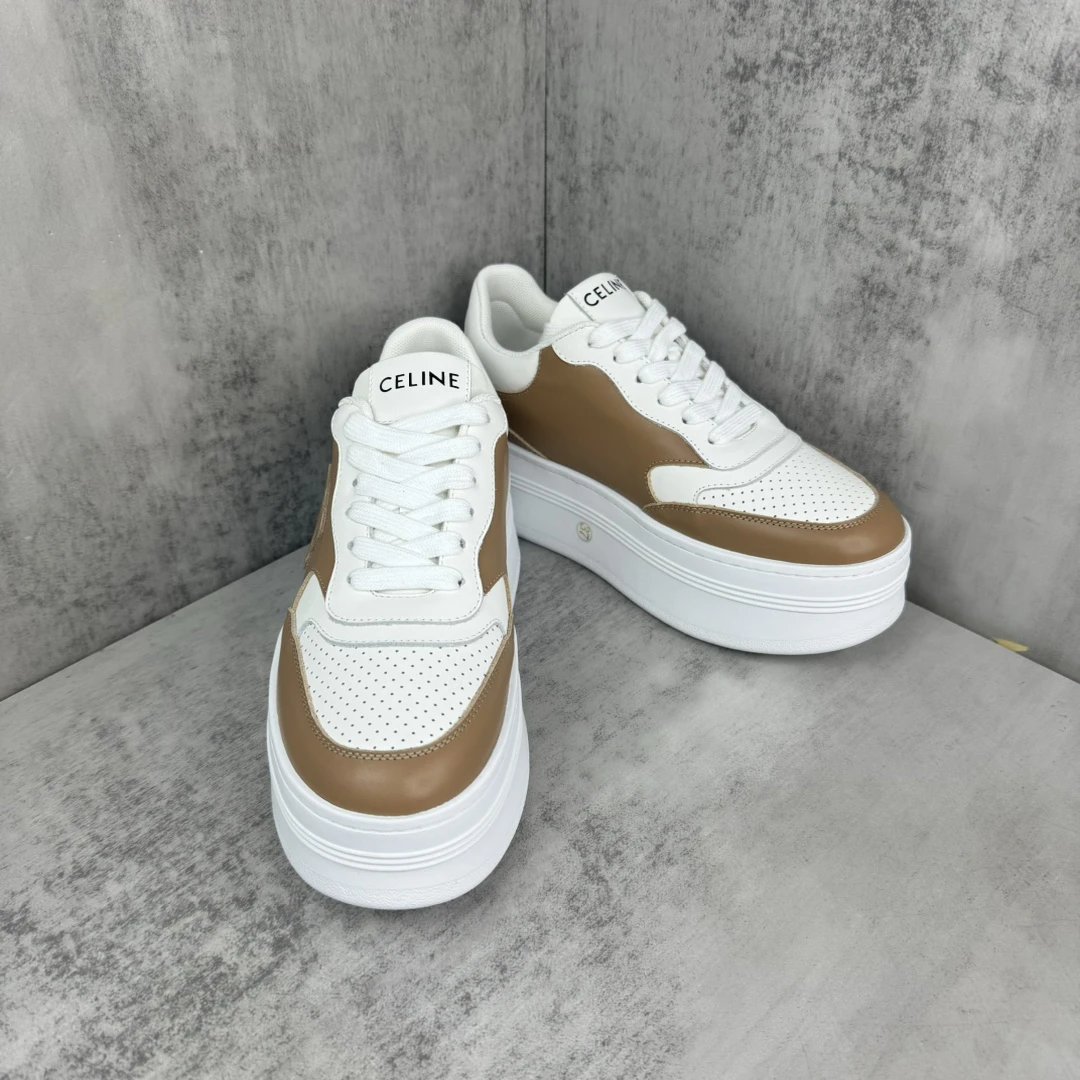 Platform Leather Sneakers High Top Breathable Tan White - Gallery Image 2 - Detailed View