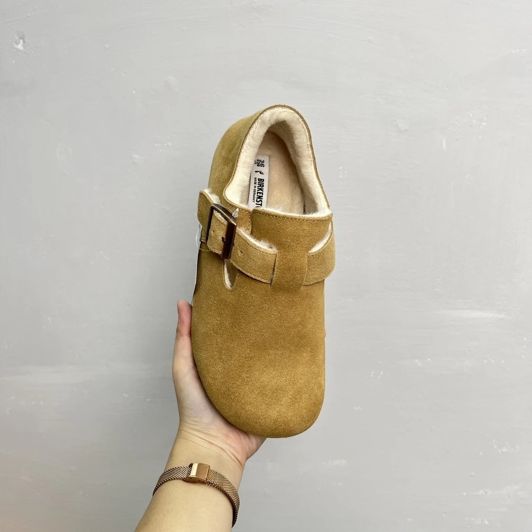 Unisex Suede Buckle Warm Lined Clog Shoes Camel - Gallery Image 3 - Detailed View