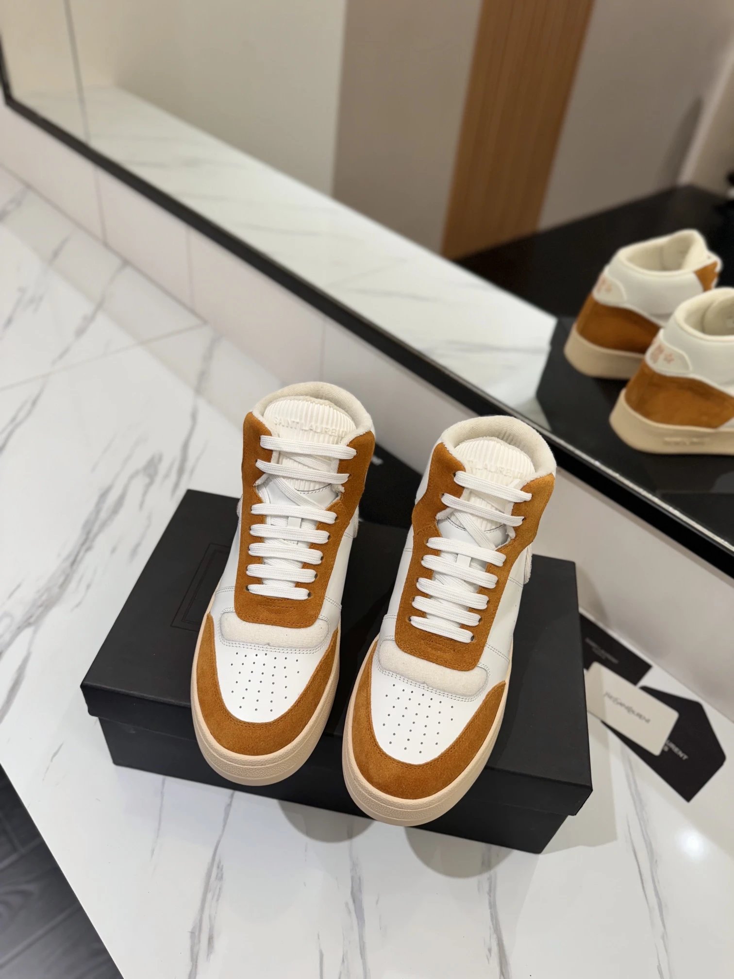 Saint Laurent SL80 Sneakers White & Camel - Gallery Image 3 - Detailed View