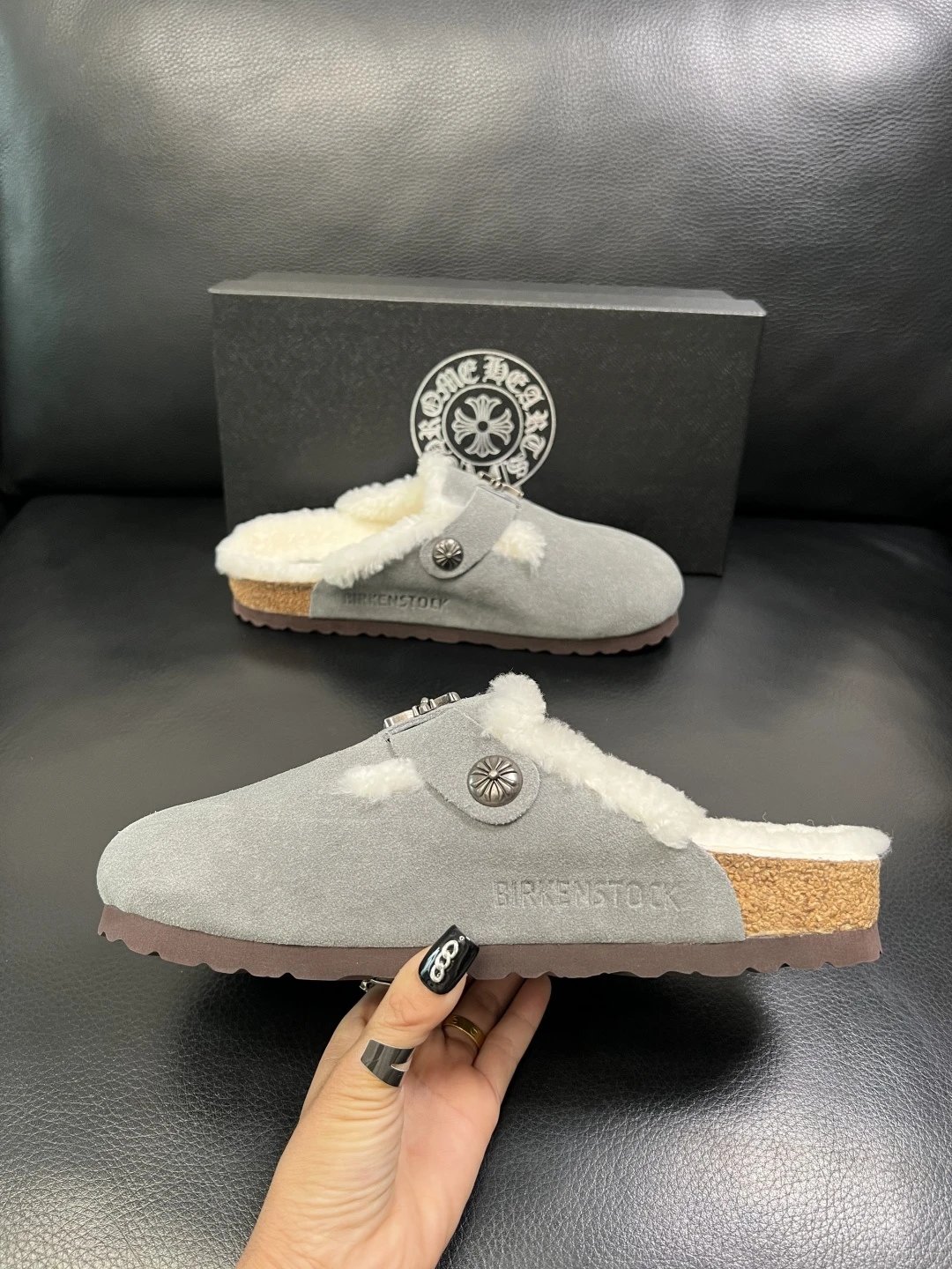 Luxury Shearling Clog in Ash Gray Suede - Gallery Image 5 - Detailed View