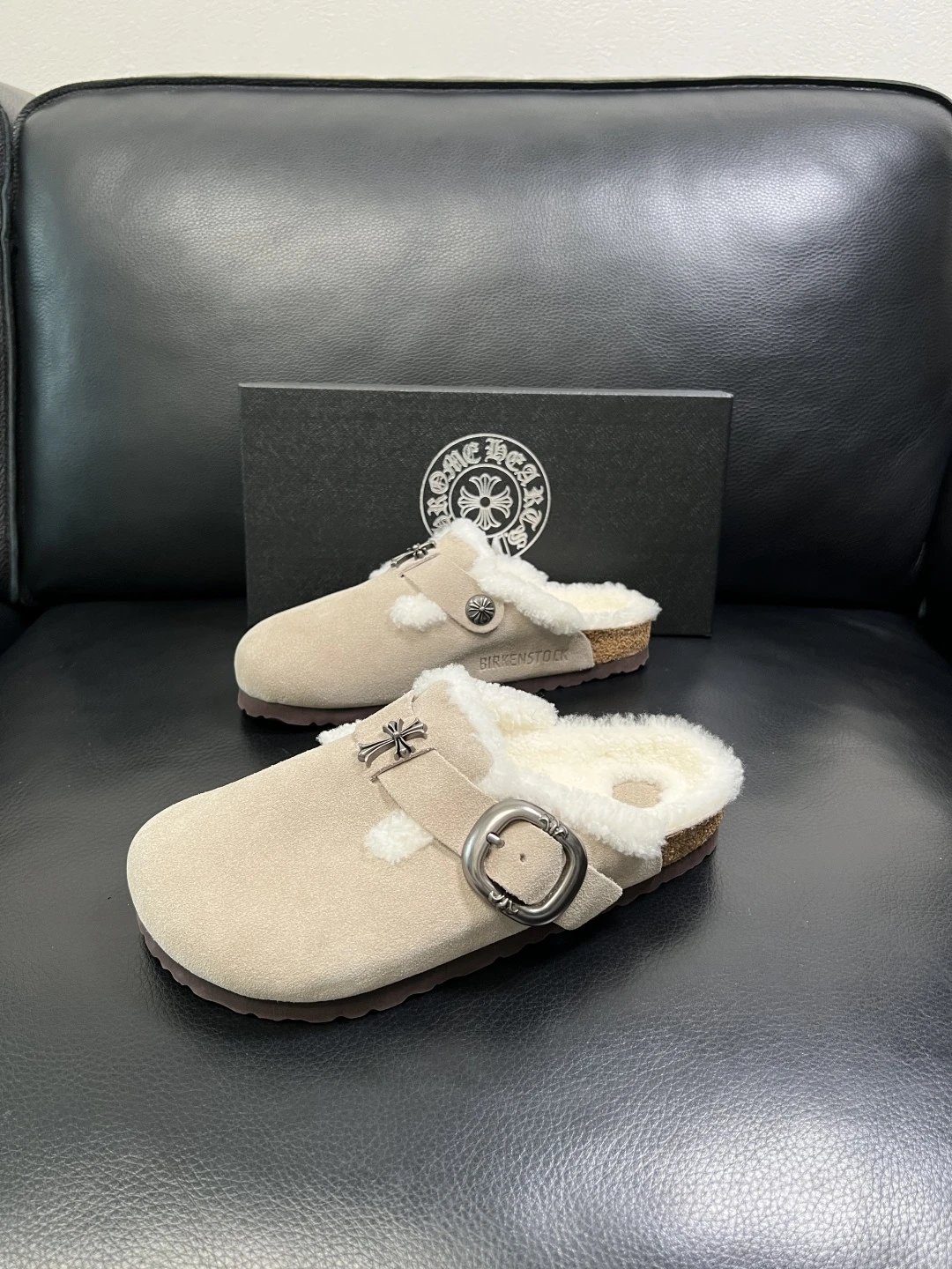 Luxury Suede Shearling Clog Taupe - Gallery Image 2 - Detailed View