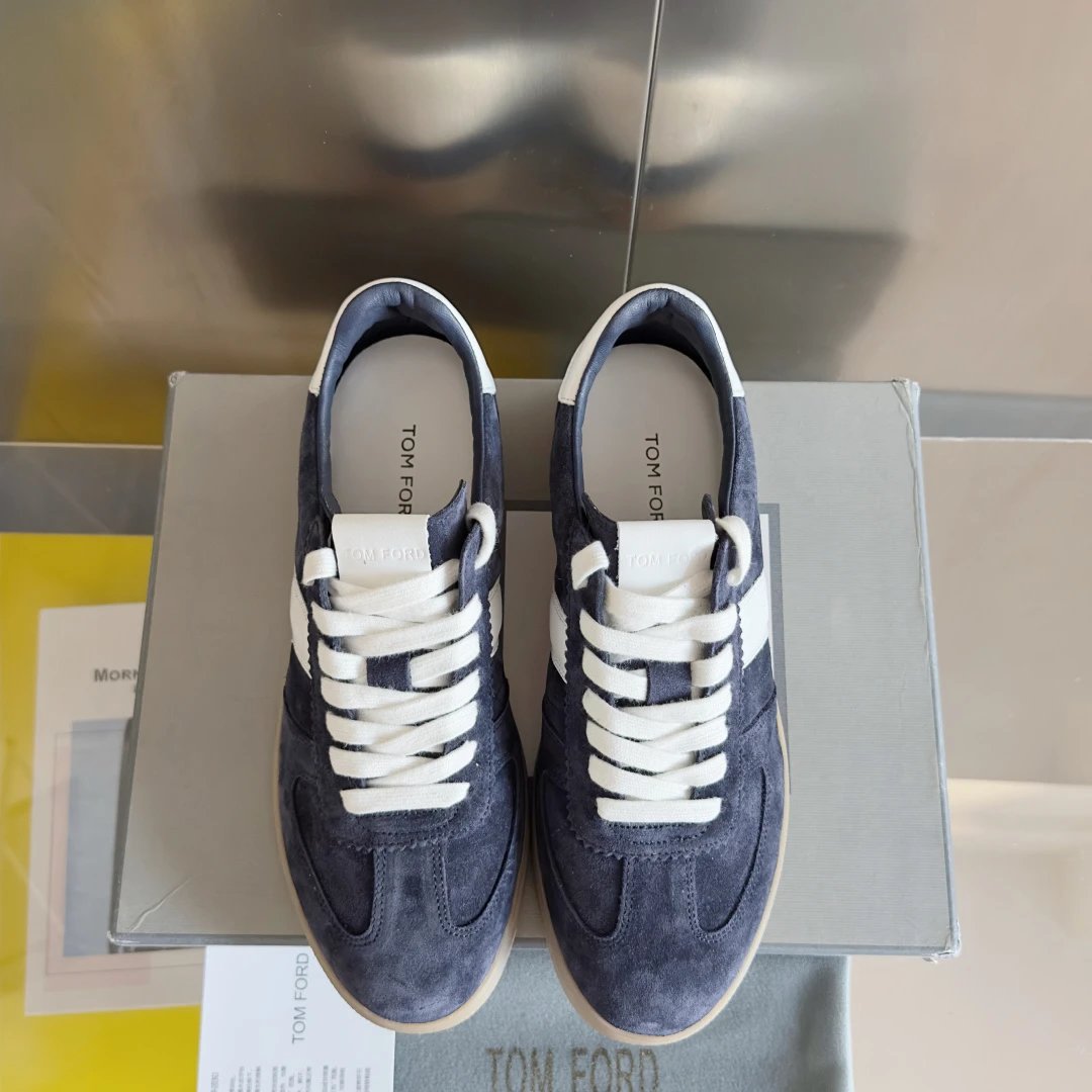 Suede German Trainer Sneakers Ivory Navy - Gallery Image 7 - Detailed View
