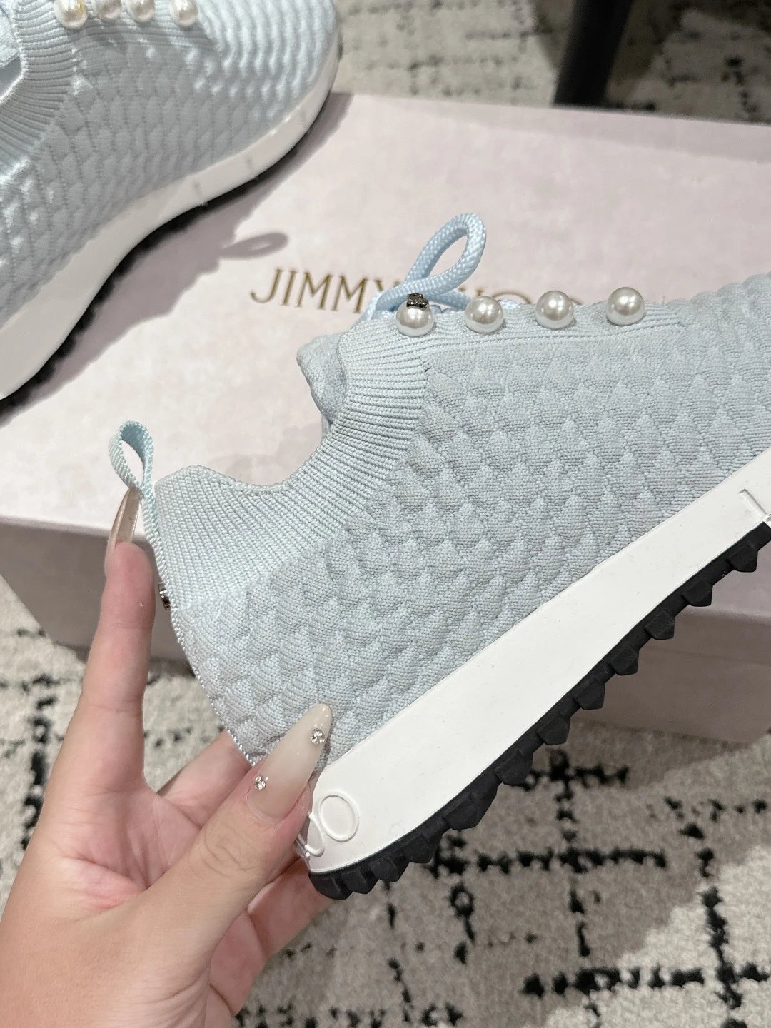 Jimmy Choo Knit Pearl Sneakers Blue - Gallery Image 8 - Detailed View