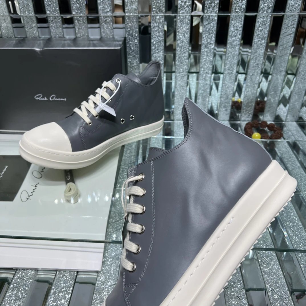 Rick Owens Leather Sneakers Gray - Gallery Image 5 - Detailed View